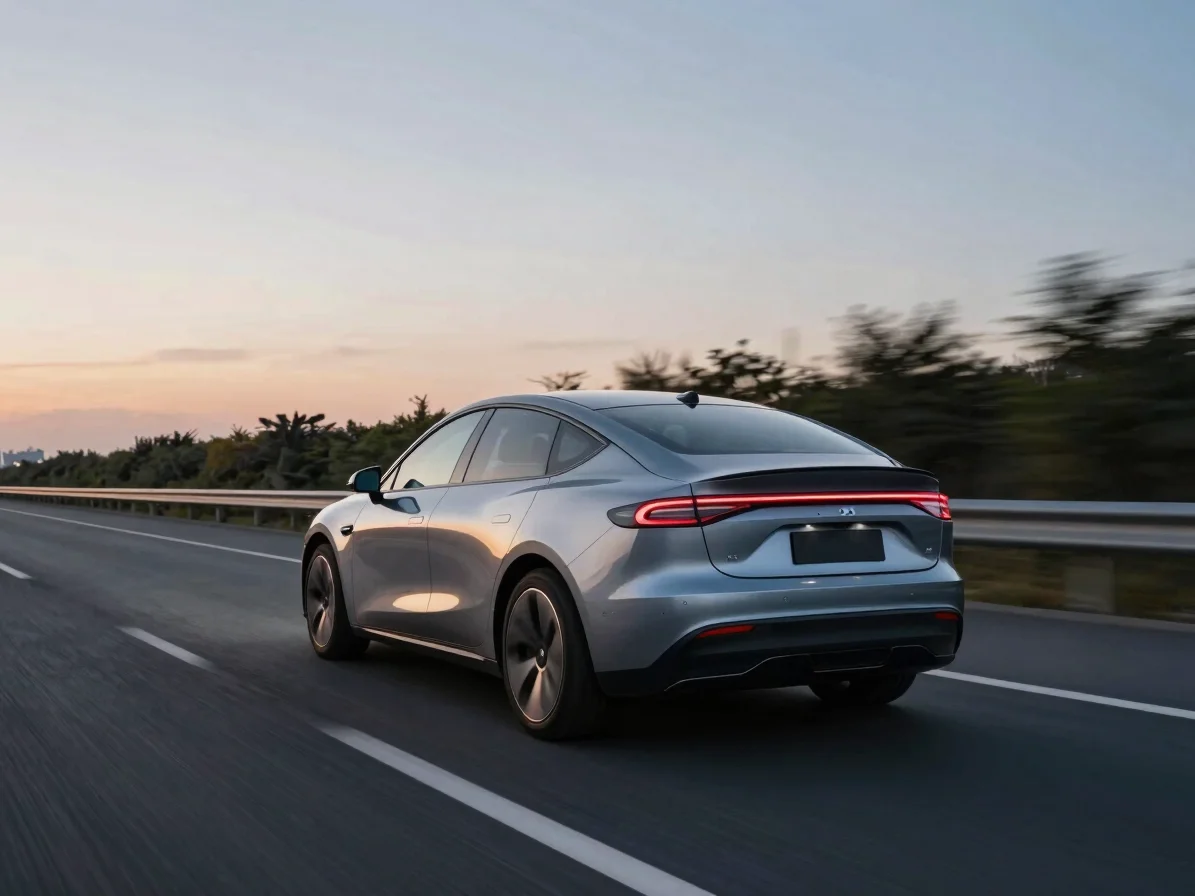 Electric vehicle driving on a highway at dusk, showing taillights and a clear road ahead, modern editorial automotive ph