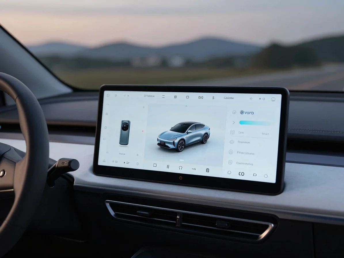 Close-up of a modern electric vehicle's digital dashboard at twilight, crisp metallic tones, 35mm lens