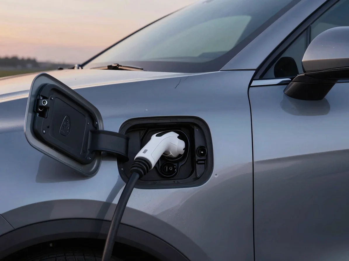 Detailed shot of an electric vehicle's charging port with a cable connected, sleek design, twilight lighting, 35mm lens