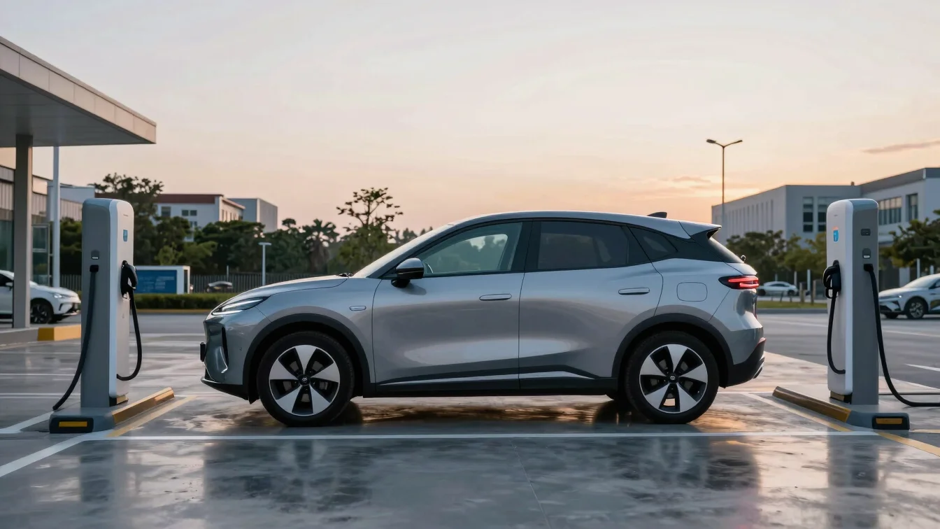 Wide shot of compact electric SUV parked at a modern charging station during twilight, clean urban backdrop, 35mm lens