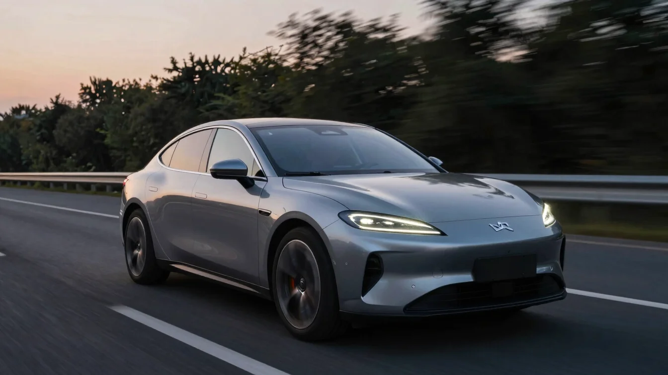 Sleek metallic electric sedan moving on a highway at dusk, LED headlight detail, high contrast automotive editorial