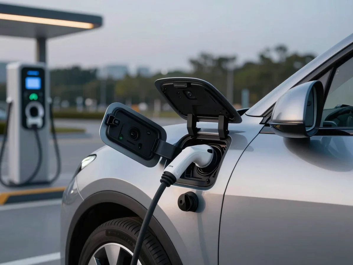 Sleek electric vehicle charging at a modern station at twilight,