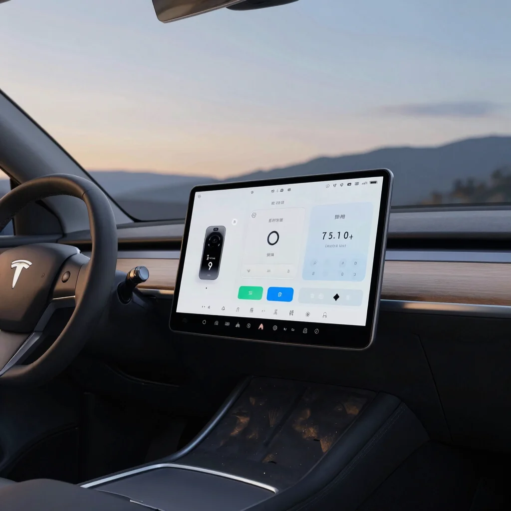 Detailed shot of a sophisticated infotainment screen in an electric car, showing connectivity features, twilight lightin