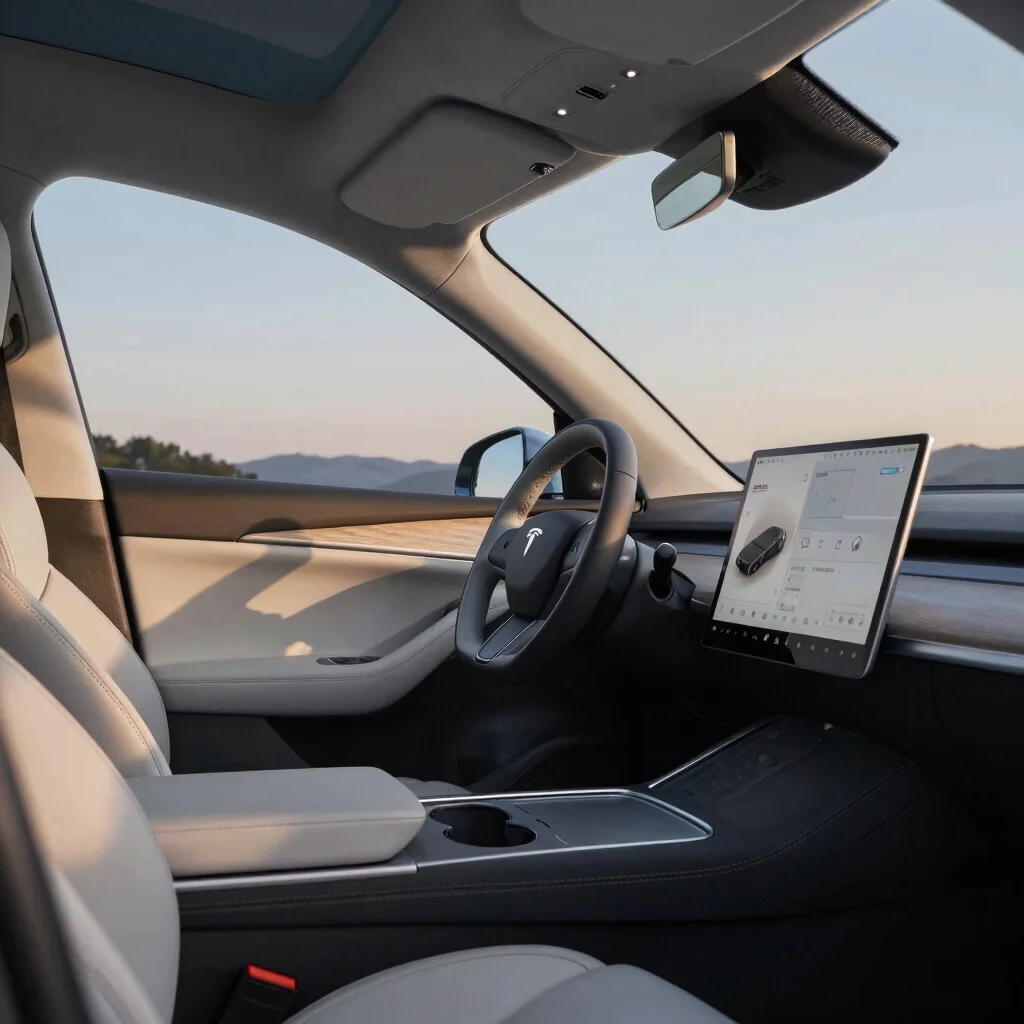 Interior shot of an electric vehicle, focusing on premium materials and ergonomic design, crisp metallic tones