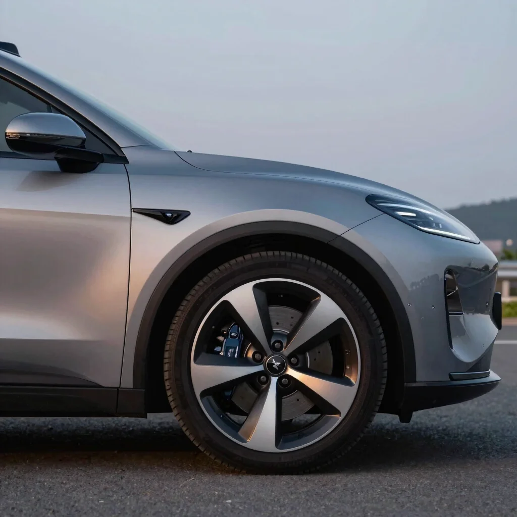 Exterior detail of an electric vehicle's aerodynamic wheel with brake calipers, modern editorial automotive photography,