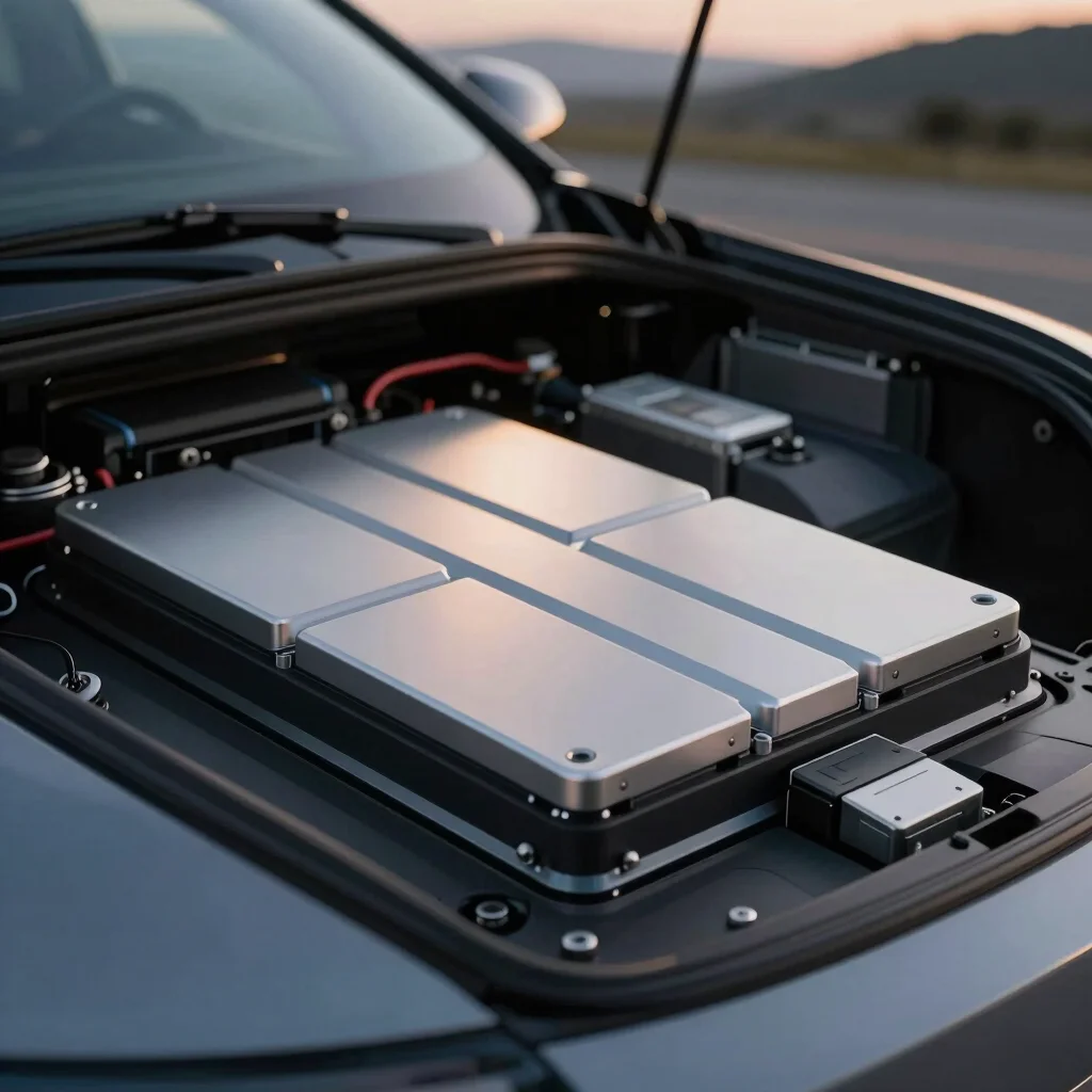 Close-up of an electric vehicle's advanced battery pack, sleek metallic tones, modern editorial automotive photography